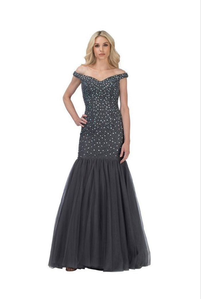 Chicas C9162 Fit-and-Flare Off-Shoulder Floor-Length Beaded Tulle Dress