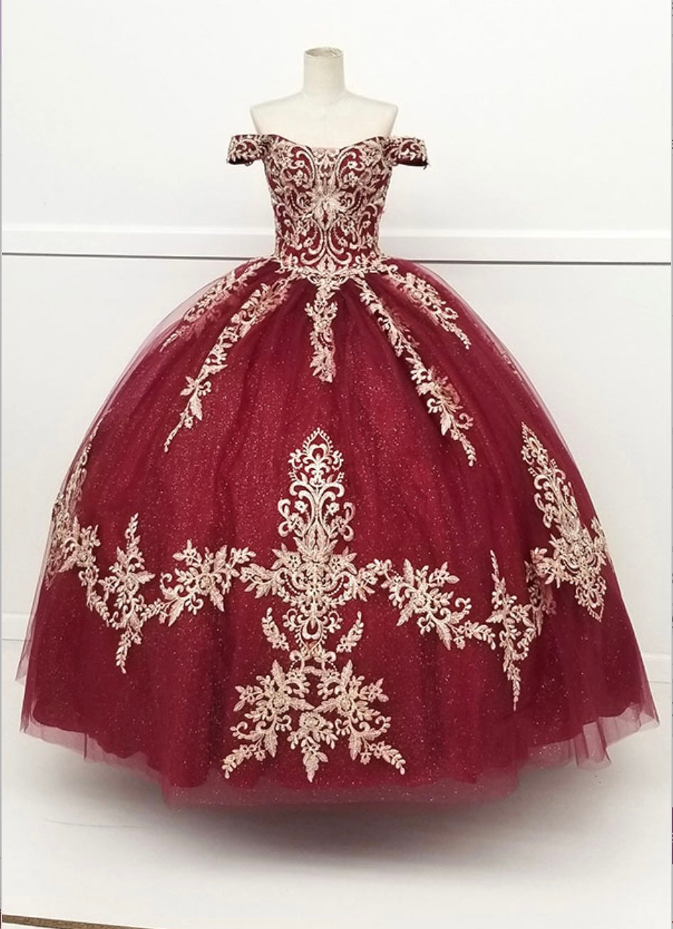 Chicas HF3008 Glitter Quinceañera Burgundy BallDress Tulle Dress
