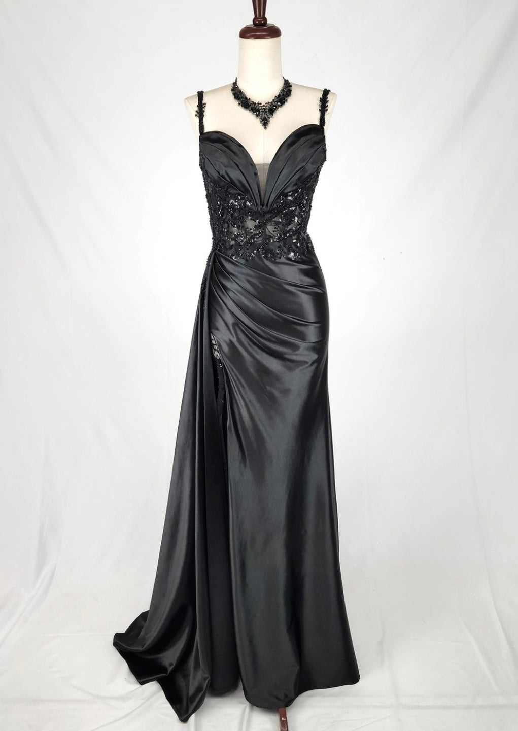 Chicas C342 Evening Blue Illusion Floor-Length High-Slit Satin Dress