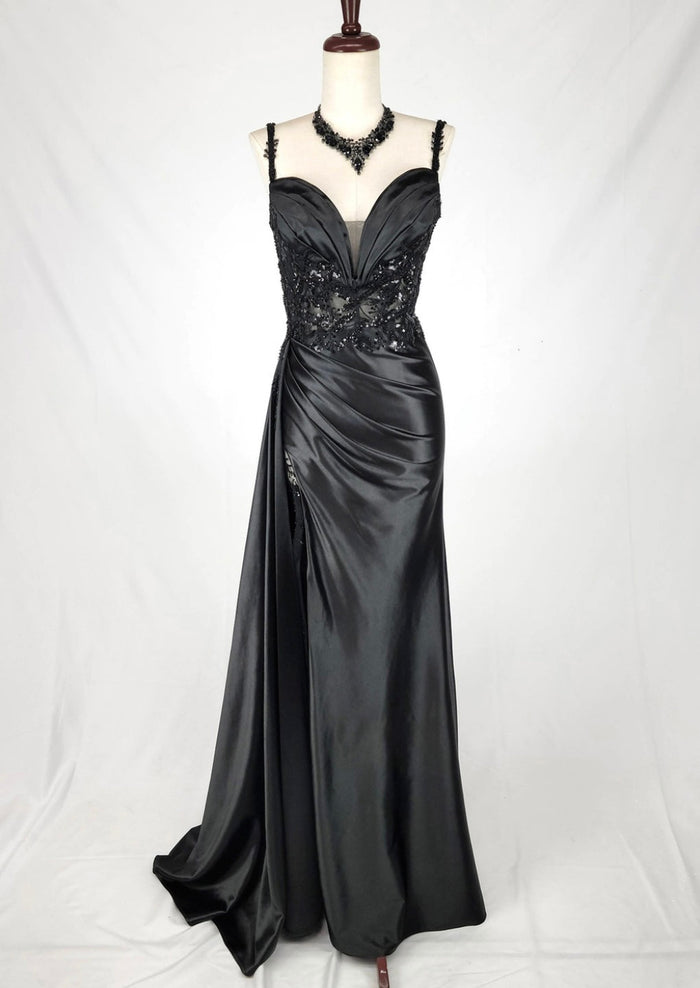 Chicas C342 Evening Blue Illusion Floor-Length High-Slit Satin Dress