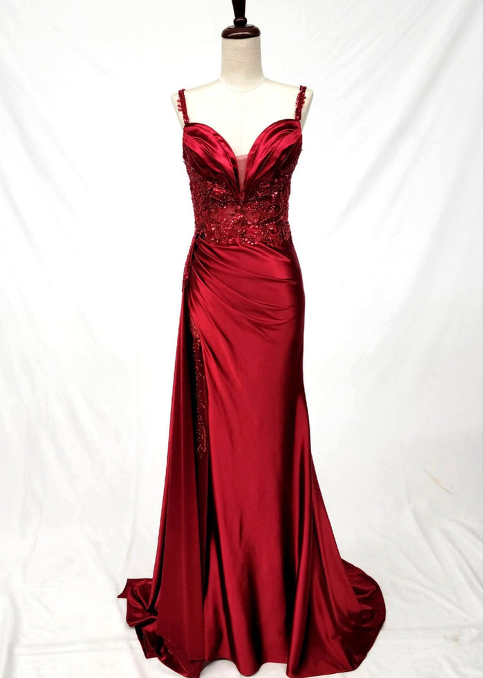 Chicas C342 Evening Blue Illusion Floor-Length High-Slit Satin Dress
