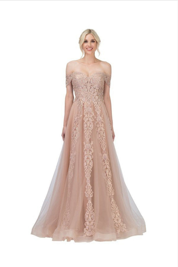 Chicas CA1103 Off-Shoulder Floor-Length Corset Formal Fabric Dress