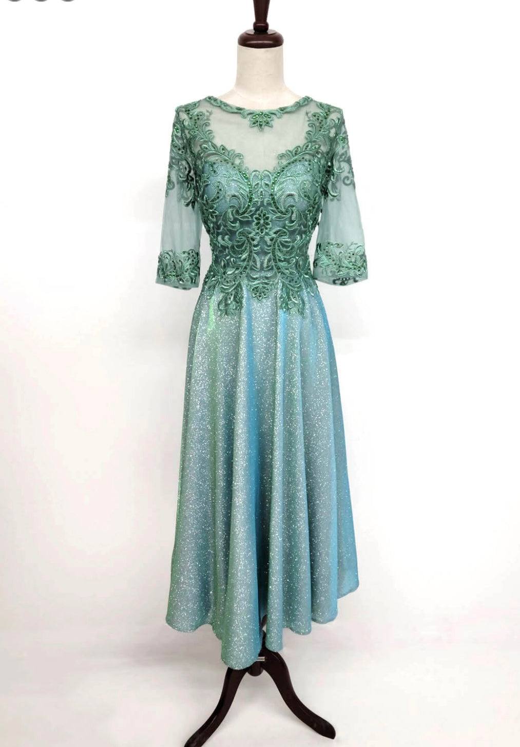 Chicas J016 Elegant Metallic Glitter Bridal Green A-Line Lace Dress