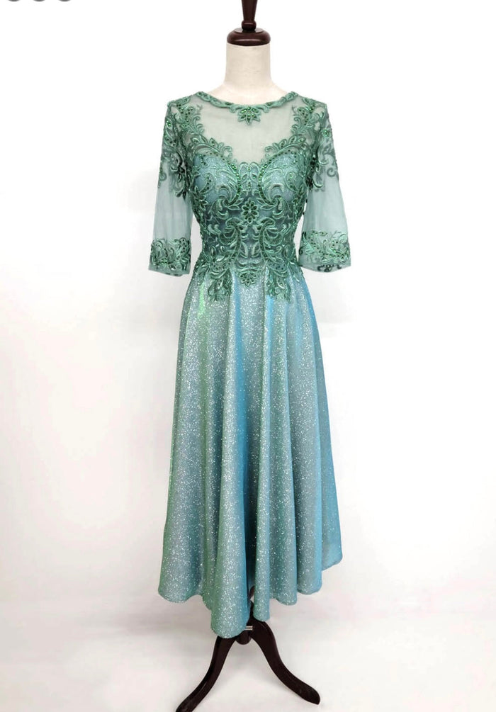 Chicas J016 Elegant Metallic Glitter Bridal Green A-Line Lace Dress