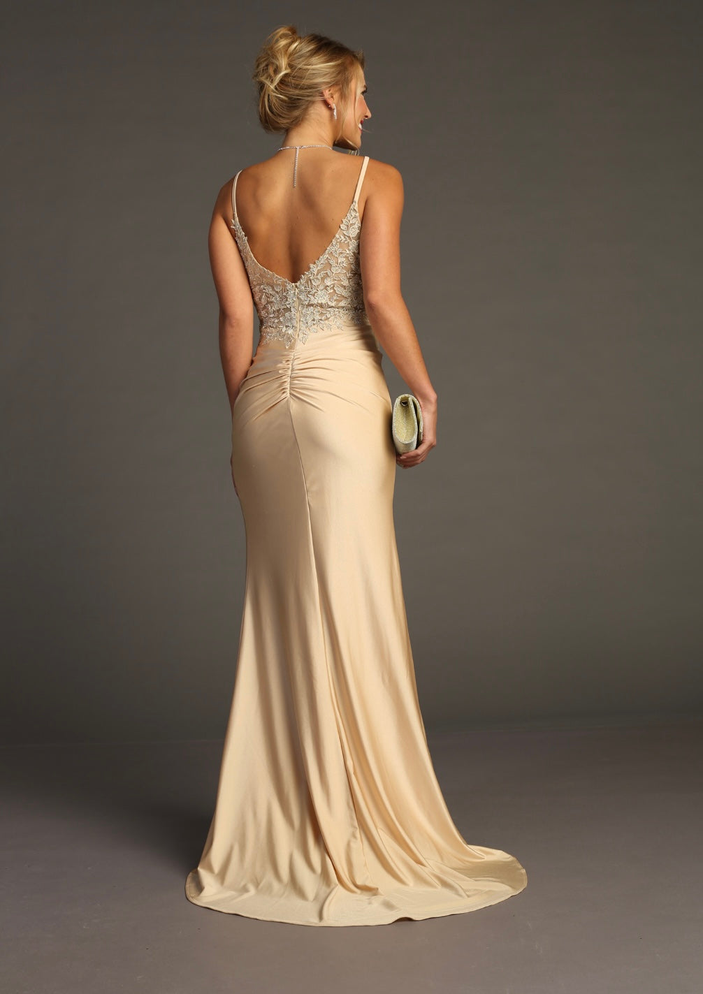 Chicas YG5033 Glam Prom Illusion Floor-Length High-Slit Strappy Lace Dress
