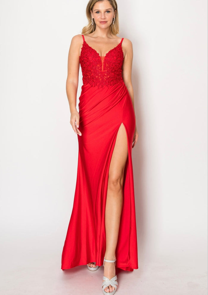 Chicas YG5033 Glam Prom Illusion Floor-Length High-Slit Strappy Lace Dress