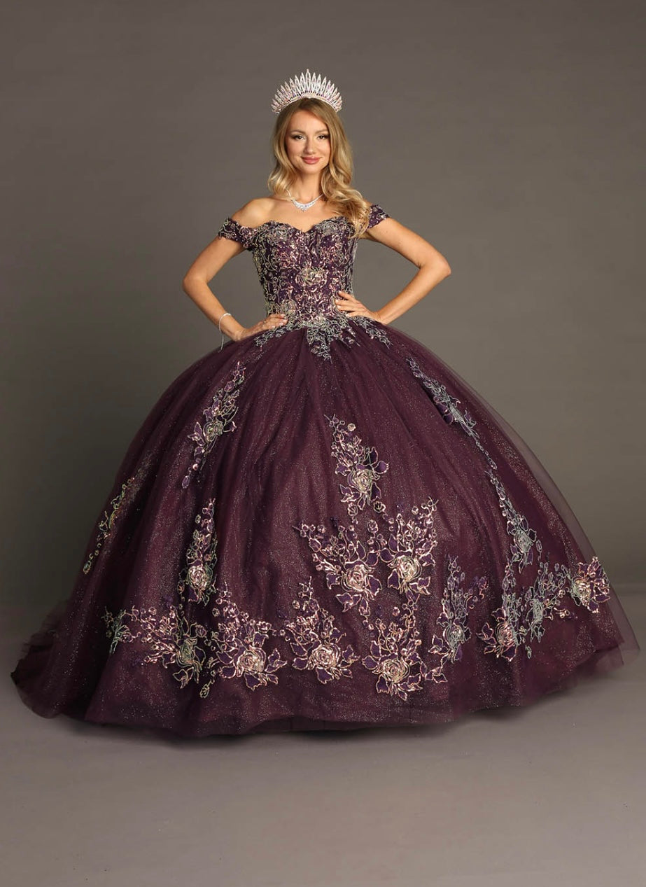 Chicas HF3099 Printed Glitter Purple BallDress Floral Floor-Length Tulle Dress