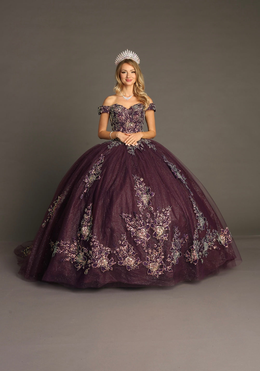 Chicas HF3099 Printed Glitter Purple BallDress Floral Floor-Length Tulle Dress