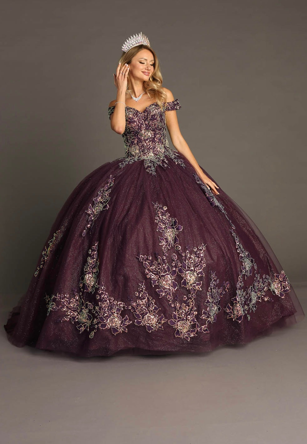 Chicas HF3099 Printed Glitter Purple BallDress Floral Floor-Length Tulle Dress