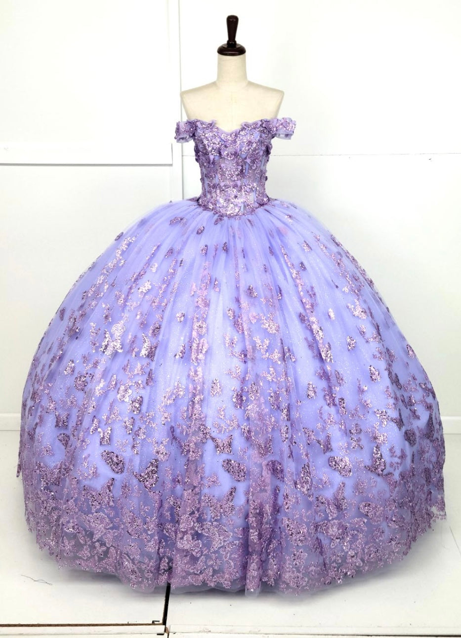 Chicas HF3103 Printed Glitter Lilac BallDress Butterfly Floral Tulle Dress