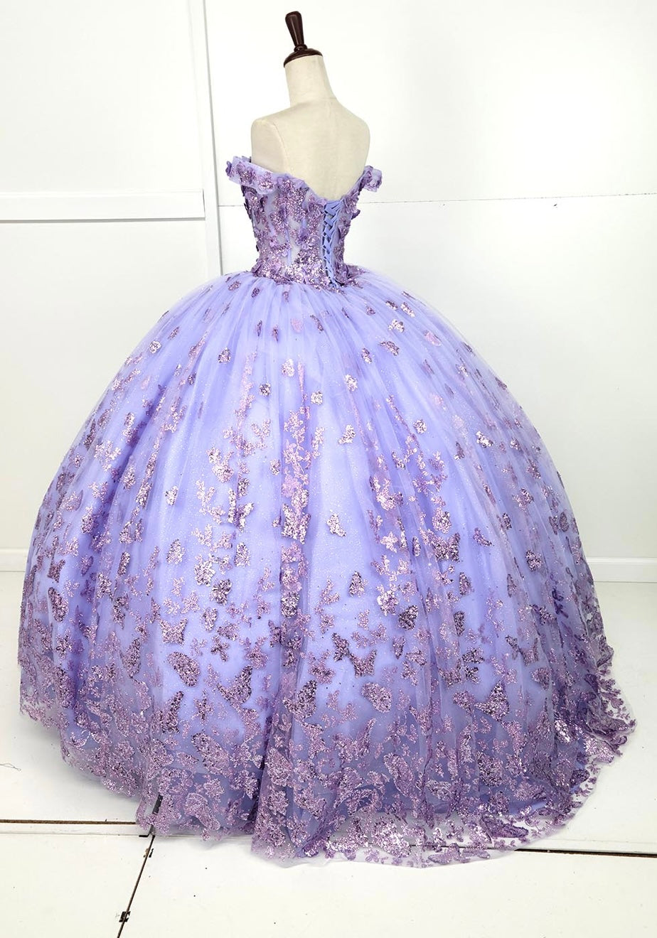 Chicas HF3103 Printed Glitter Lilac BallDress Butterfly Floral Tulle Dress
