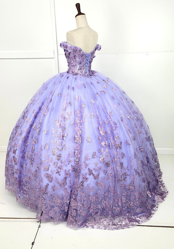 Chicas HF3103 Printed Glitter Lilac BallDress Butterfly Floral Tulle Dress