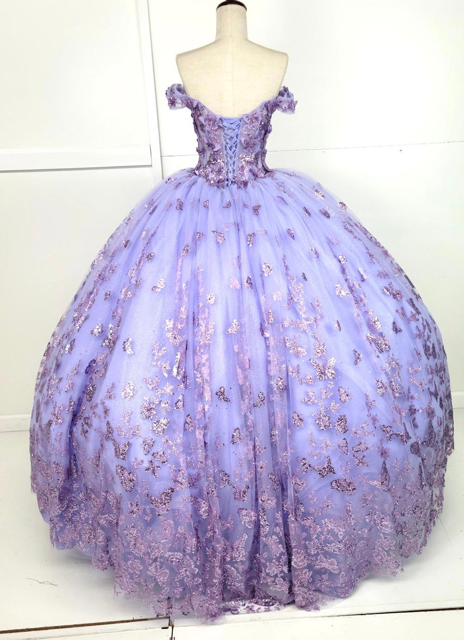 Chicas HF3103 Printed Glitter Lilac BallDress Butterfly Floral Tulle Dress