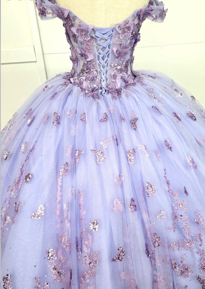 Chicas HF3103 Printed Glitter Lilac BallDress Butterfly Floral Tulle Dress