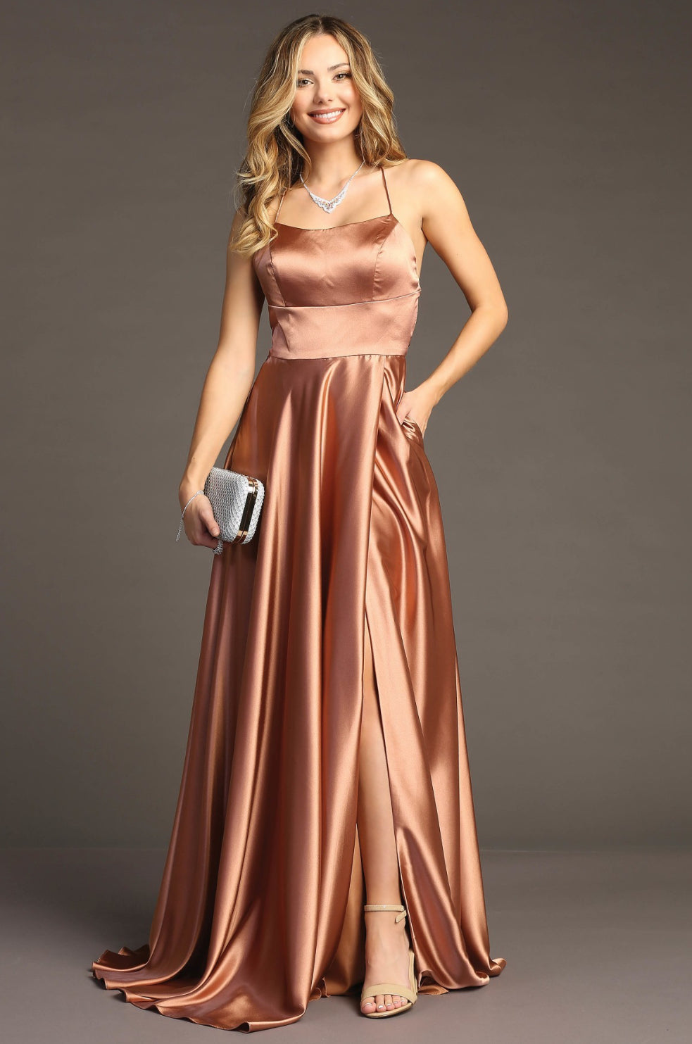 Chicas 9149 Floor-Length Long Maxi High-Slit Strappy Formal Satin Dress