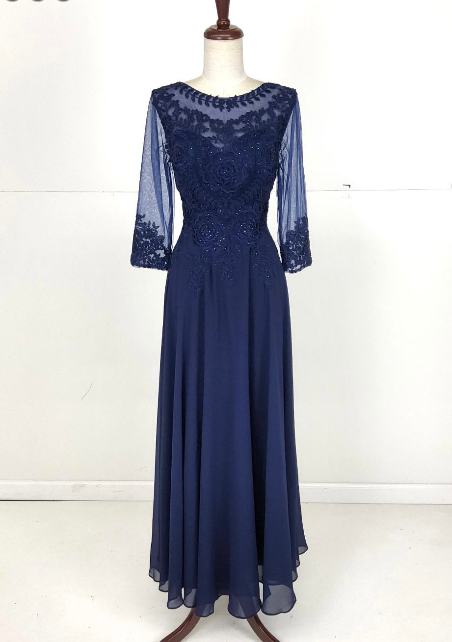 Chicas J024 Elegant Printed Bridal Navy A-Line Illusion Chiffon Dress