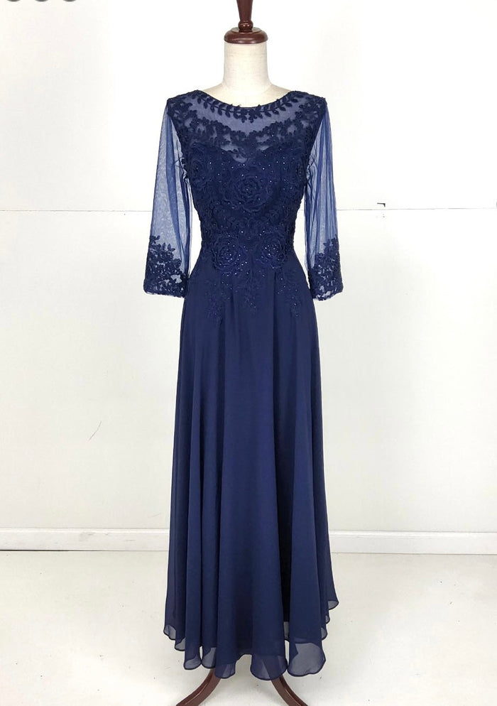 Chicas J024 Elegant Printed Bridal Navy A-Line Illusion Chiffon Dress