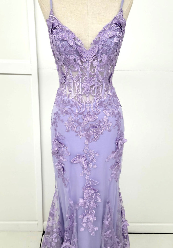Chicas C816 Romantic Printed Prom Lilac Mermaid Spaghetti-Strap Tulle Dress