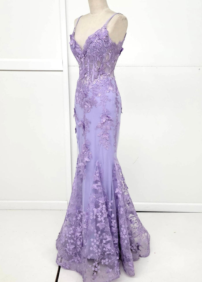 Chicas C816 Romantic Printed Prom Lilac Mermaid Spaghetti-Strap Tulle Dress