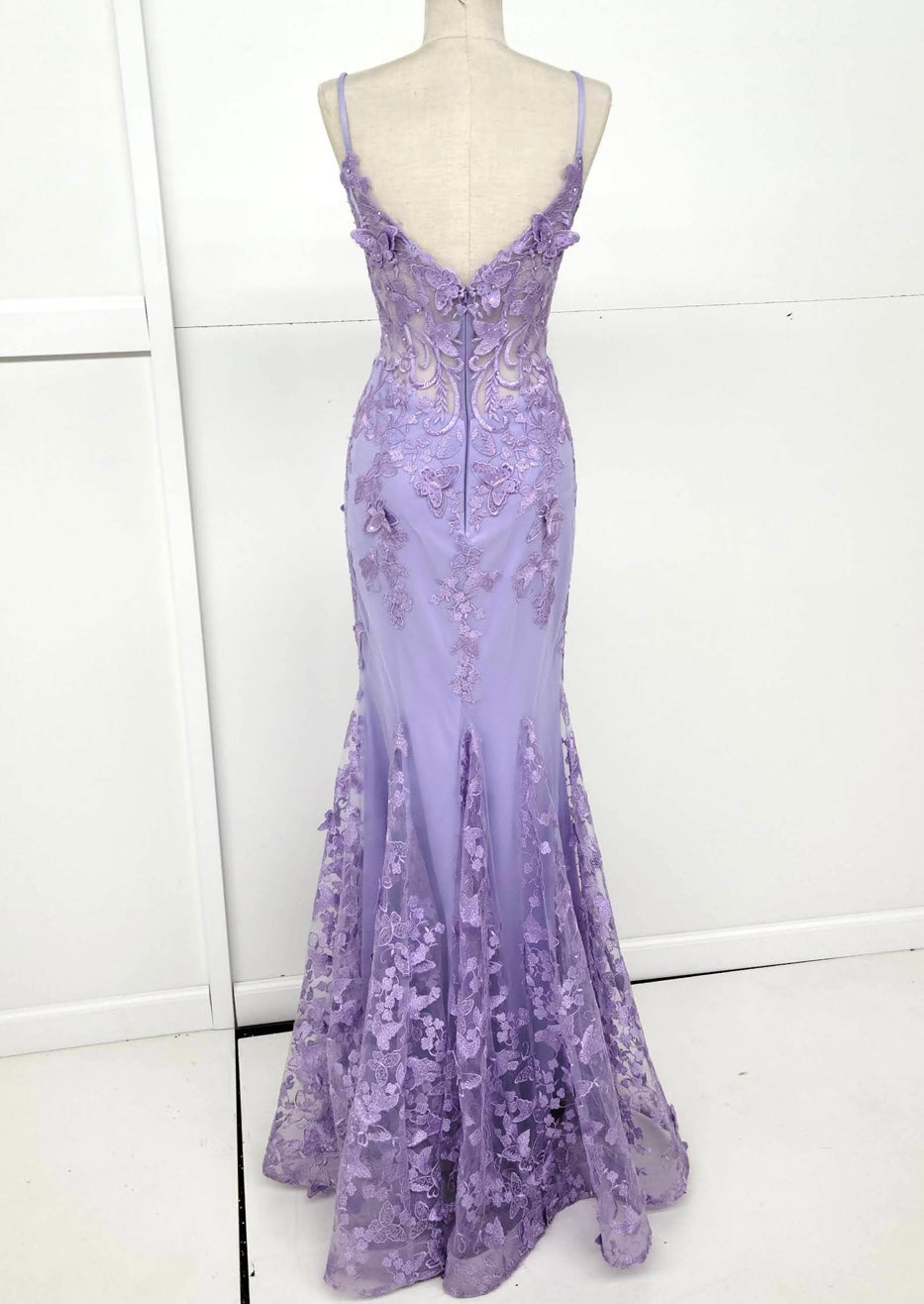 Chicas C816 Romantic Printed Prom Lilac Mermaid Spaghetti-Strap Tulle Dress