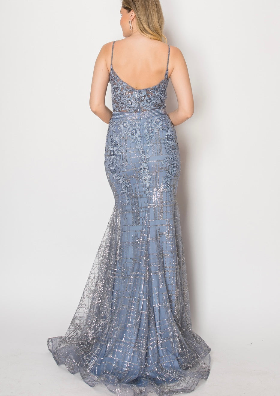 Chicas DM4029 Modern Printed Prom Blue Spaghetti-Strap Floral Fabric Dress
