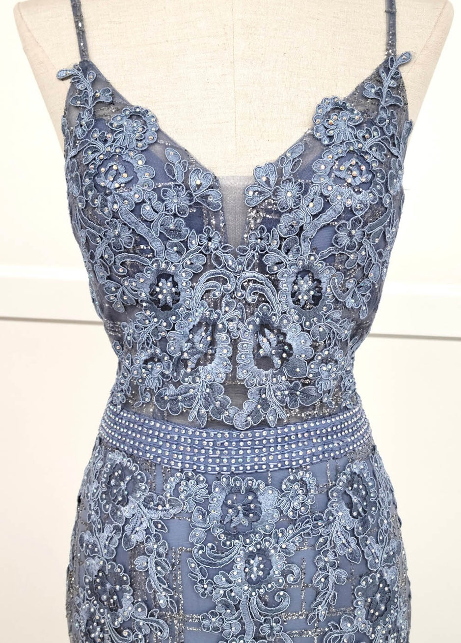 Chicas DM4029 Modern Printed Prom Blue Spaghetti-Strap Floral Fabric Dress