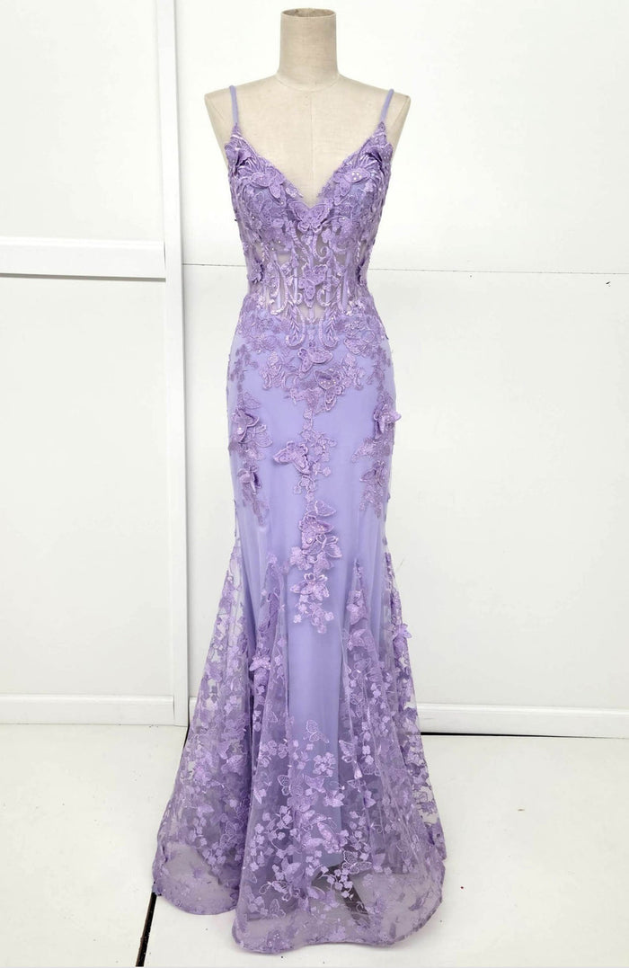 Chicas C816 Off-Shoulder Floral Maxi Corset High-Slit Feather Fabric Dress