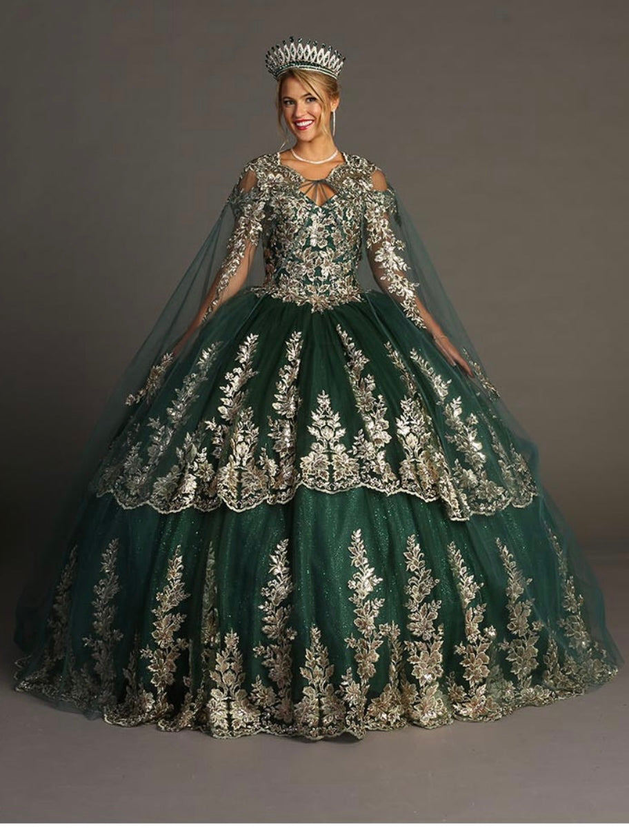Chicas HF3083 Elegant Royal BallDress Floor-Length Embroidered Cape Tulle Dress