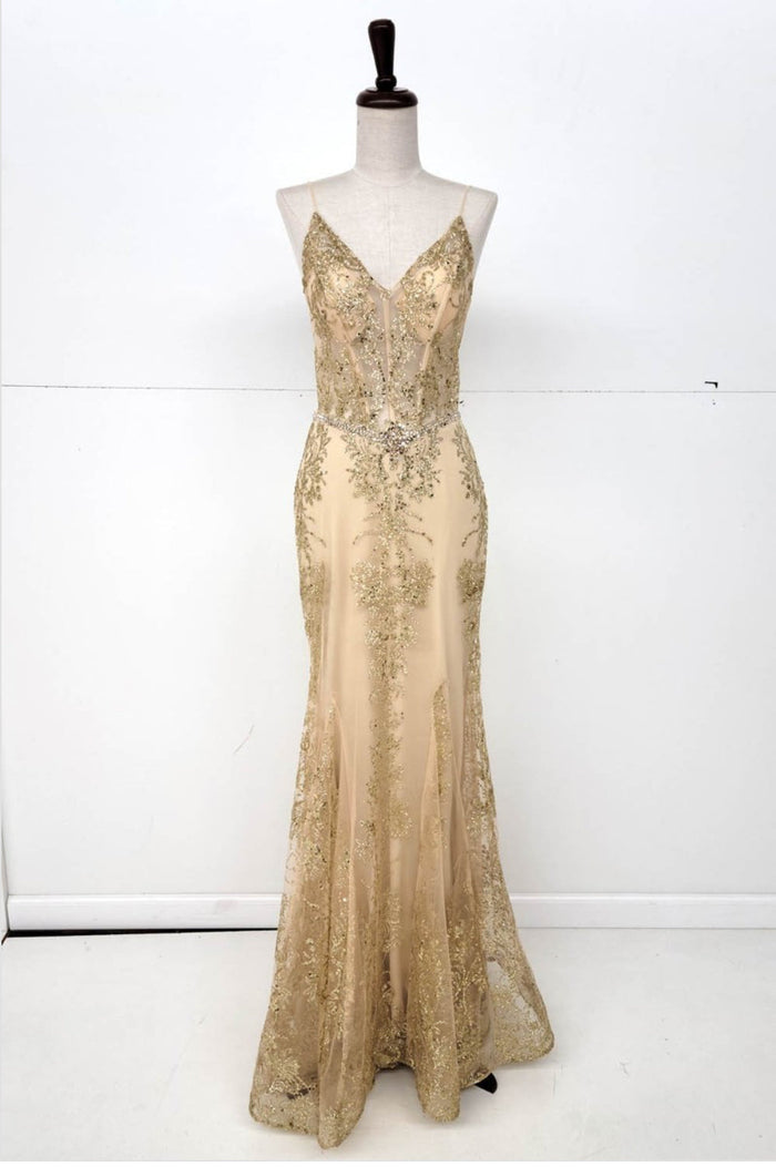 Chicas 4030 Long Mermaid Maxi Beaded Sequin Strappy Fabric Dress