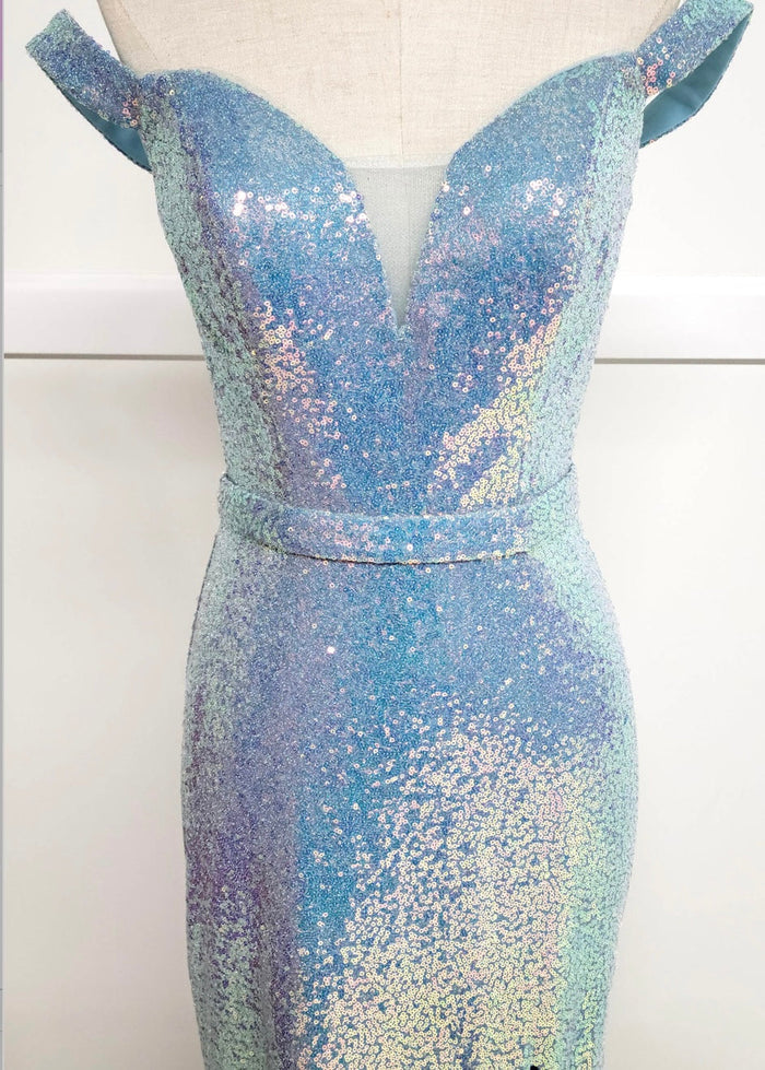 Chicas C324 Glitter Prom Blue Illusion Floor-Length High-Slit Fabric Dress