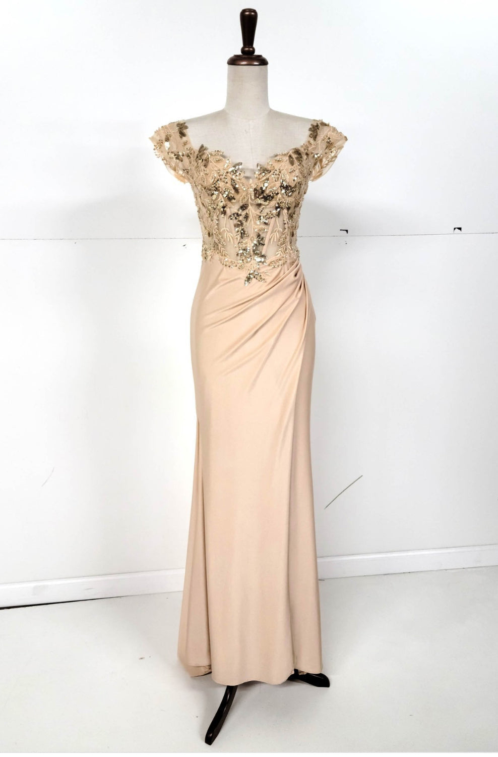 Chicas YG5027 Off-Shoulder Floor-Length High-Slit Formal Fabric Dress