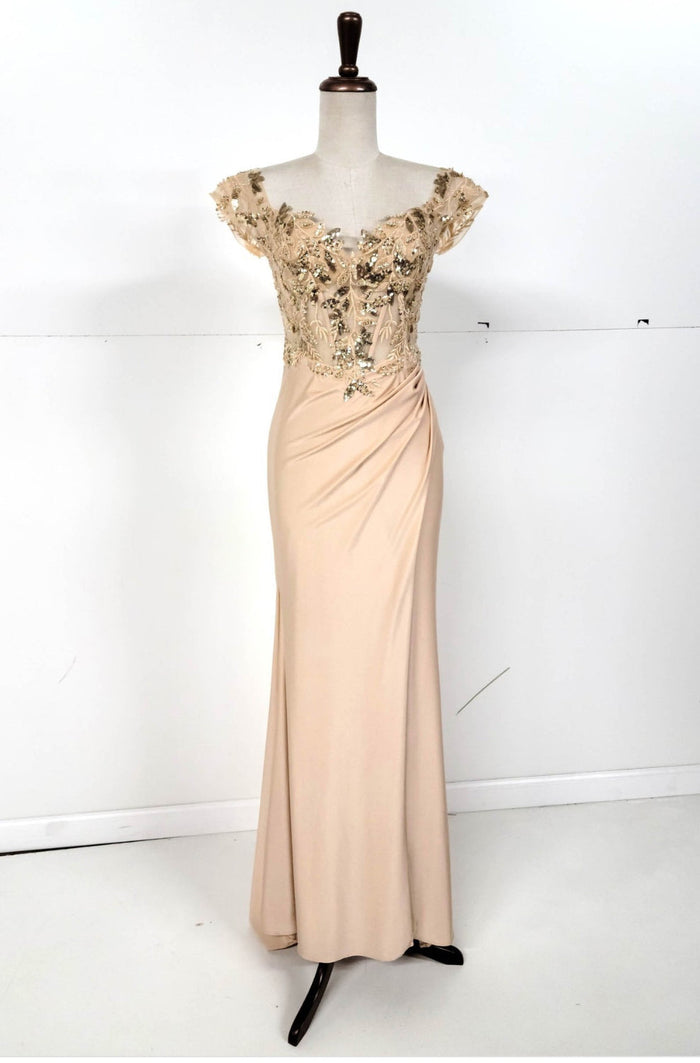 Chicas YG5027 Off-Shoulder Floor-Length High-Slit Formal Fabric Dress