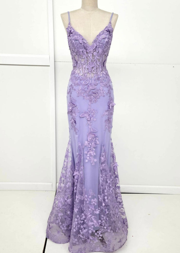 Chicas C816 Printed Prom Lilac Mermaid Spaghetti-Strap Butterfly Tulle Dress