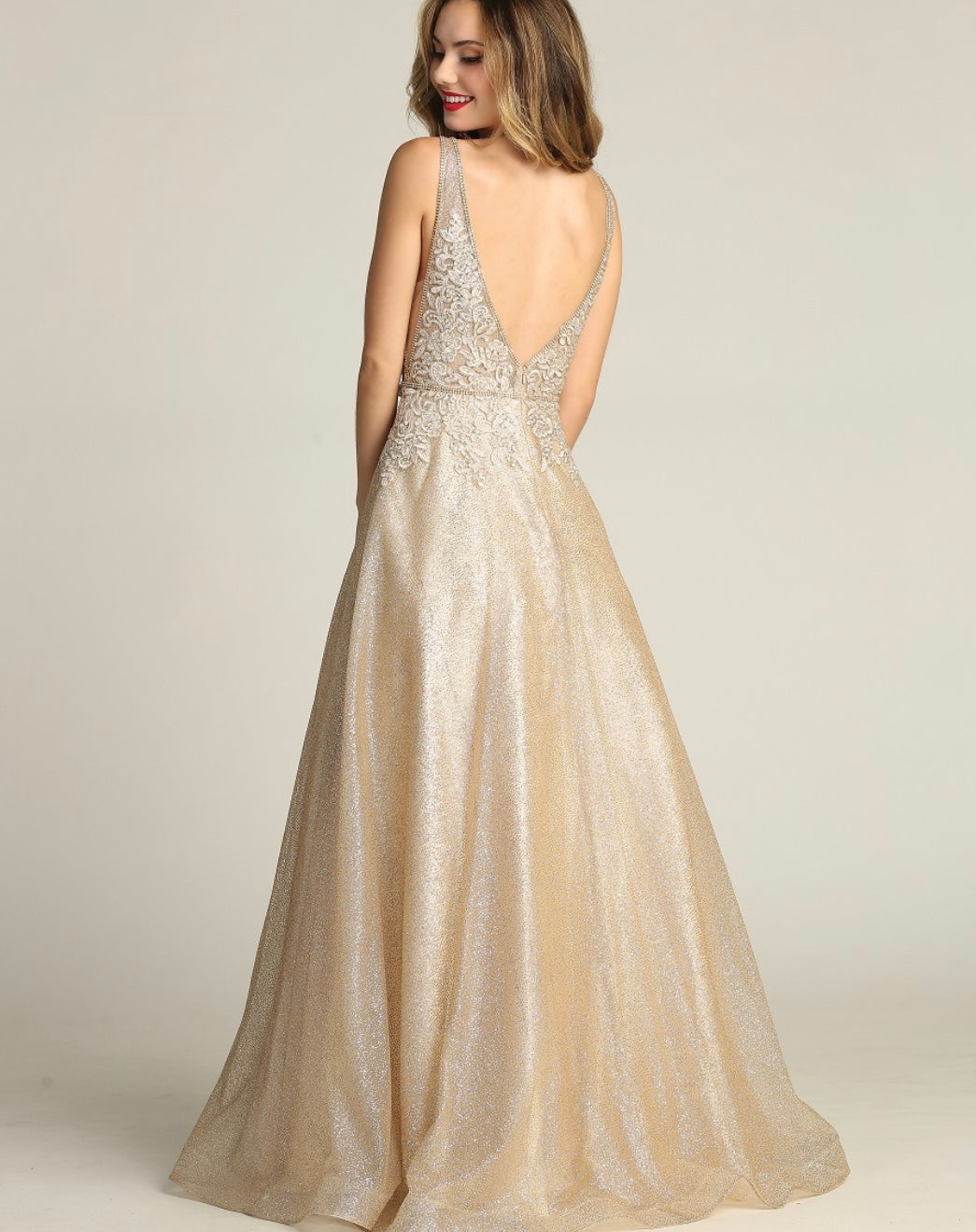 Chicas C2425 Glitter Prom Champagne A-Line Illusion Lace Dress