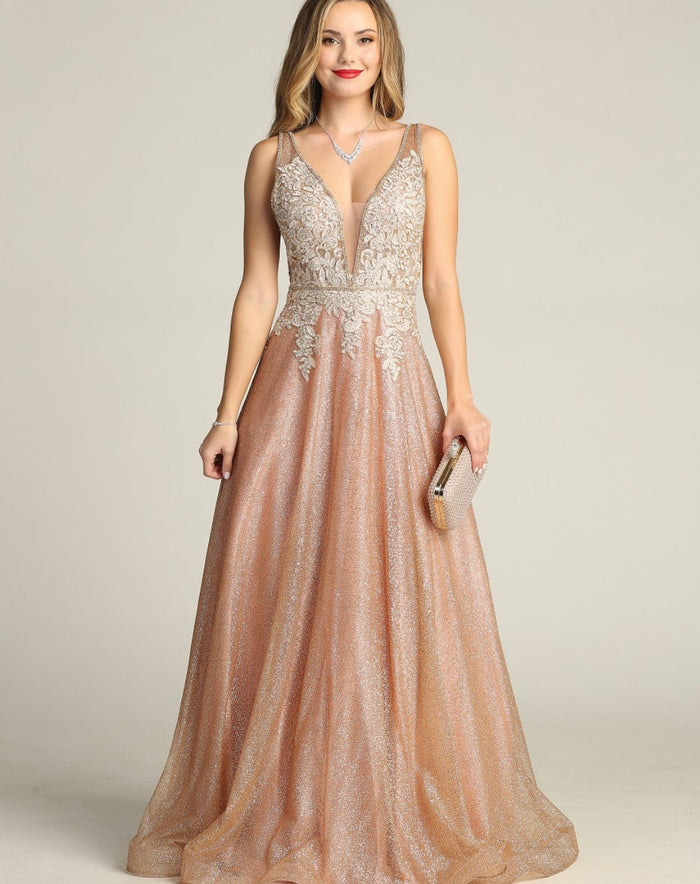 Chicas C2425 Glitter Prom Champagne A-Line Illusion Lace Dress