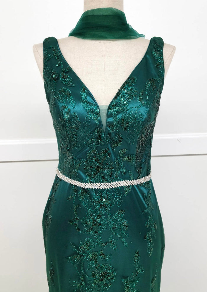 Chicas DM4026 Printed Evening Floral Floor-Length Beaded Embroidered Satin Dress