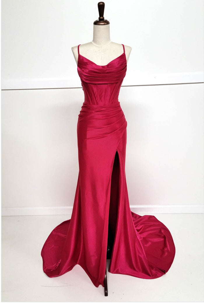 Chicas C326 Solid-Color Mermaid Spaghetti-Strap Long Corset High-Slit Fabric Dress