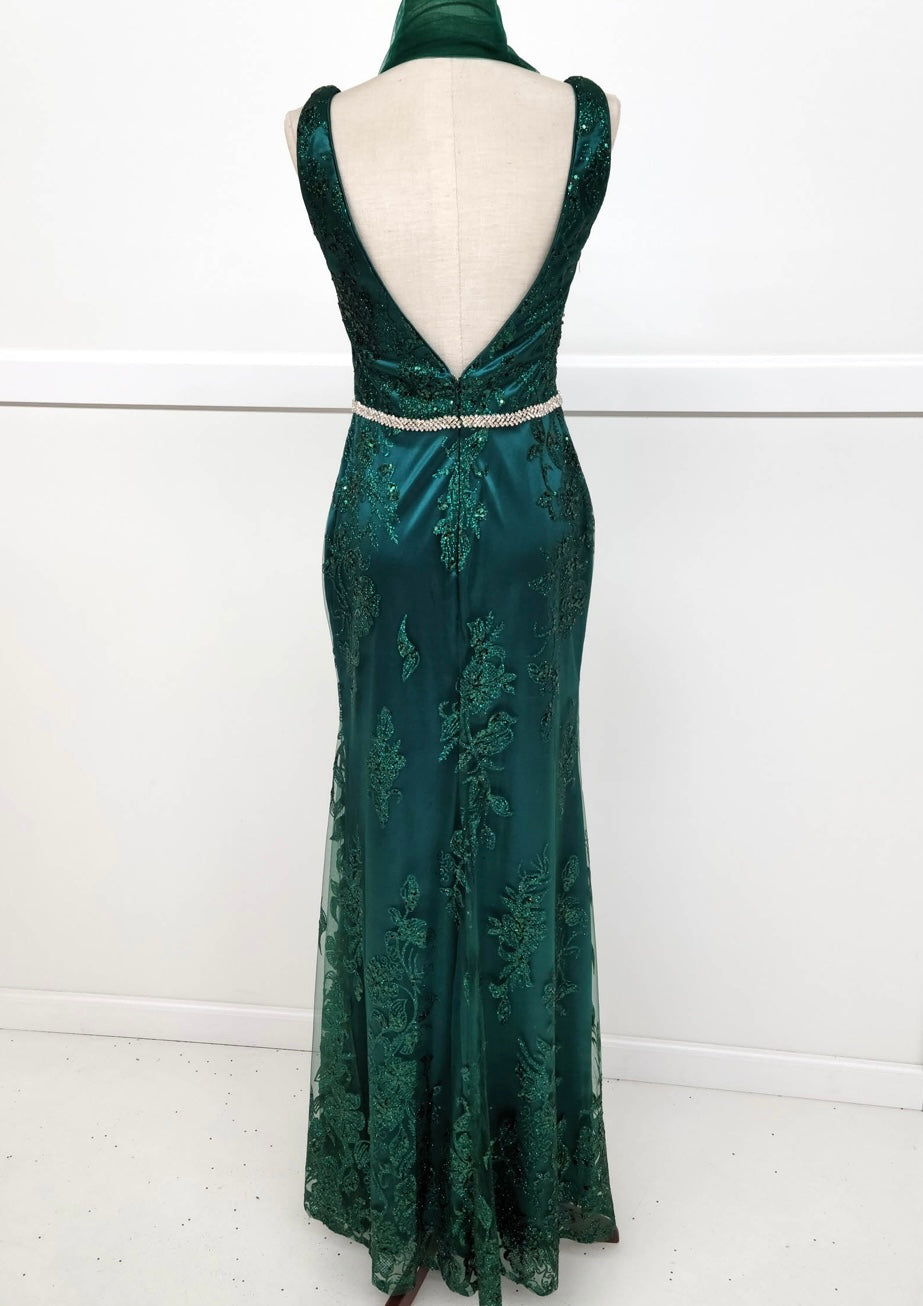 Chicas DM4026 Printed Evening Floral Floor-Length Beaded Embroidered Satin Dress