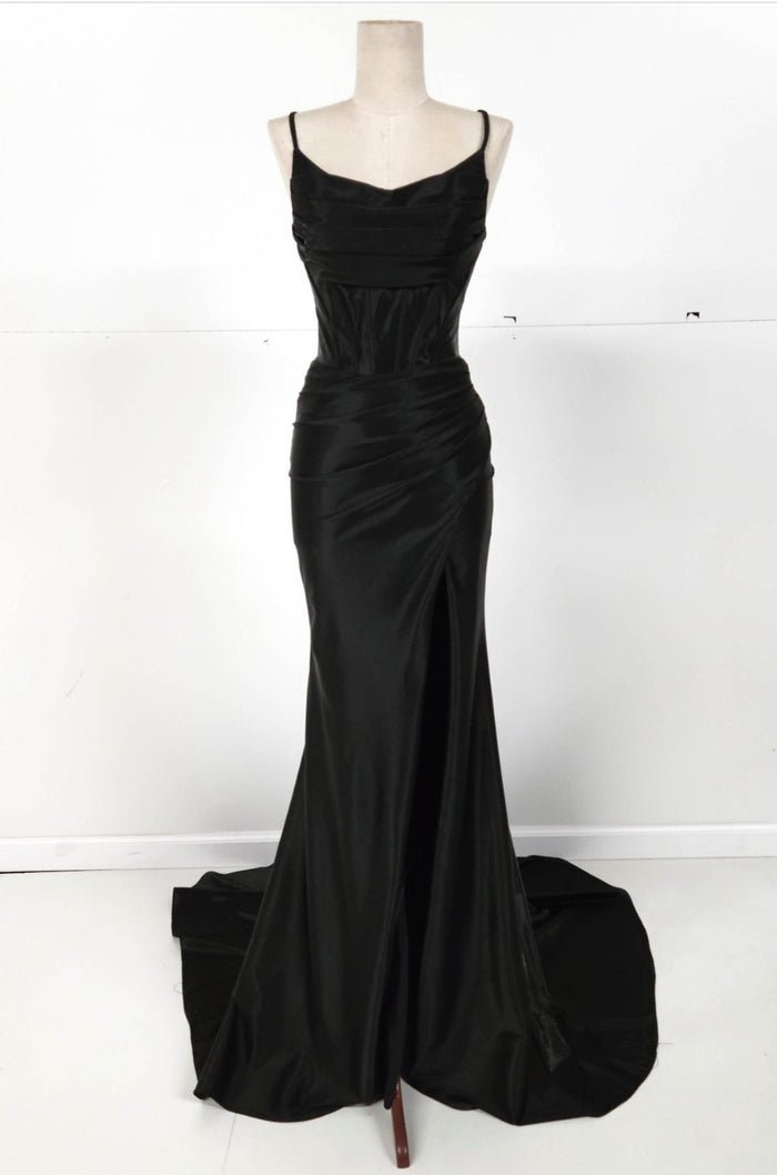 Chicas C326 Solid-Color Mermaid Spaghetti-Strap Long Corset High-Slit Fabric Dress