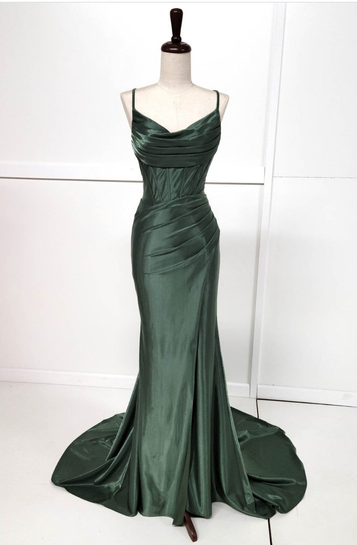 Chicas C326 Solid-Color Mermaid Spaghetti-Strap Long Corset High-Slit Fabric Dress