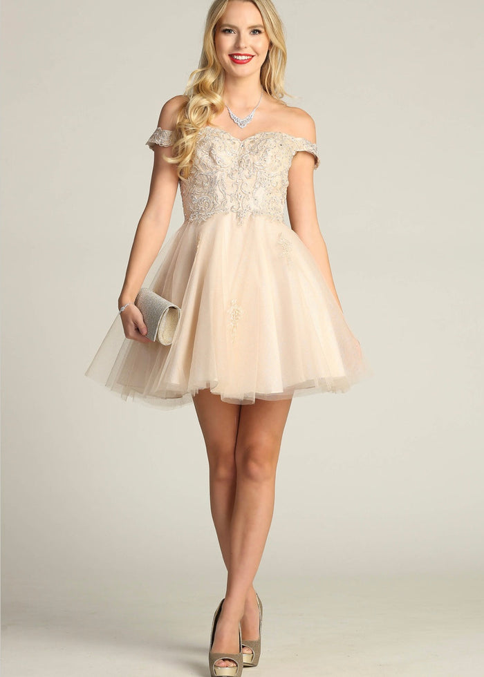 Chicas C314 Elegant Printed Glitter Formal White Floral Tulle Dress