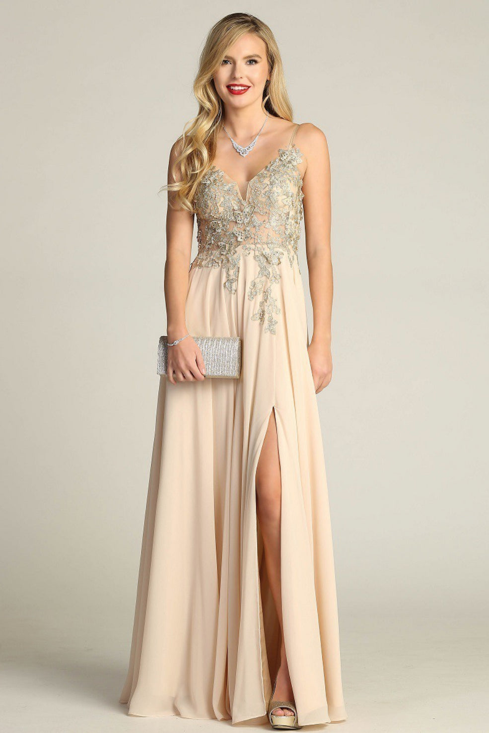 Chicas C5124 Party Butterfly Long Corset High-Slit Chiffon Dress