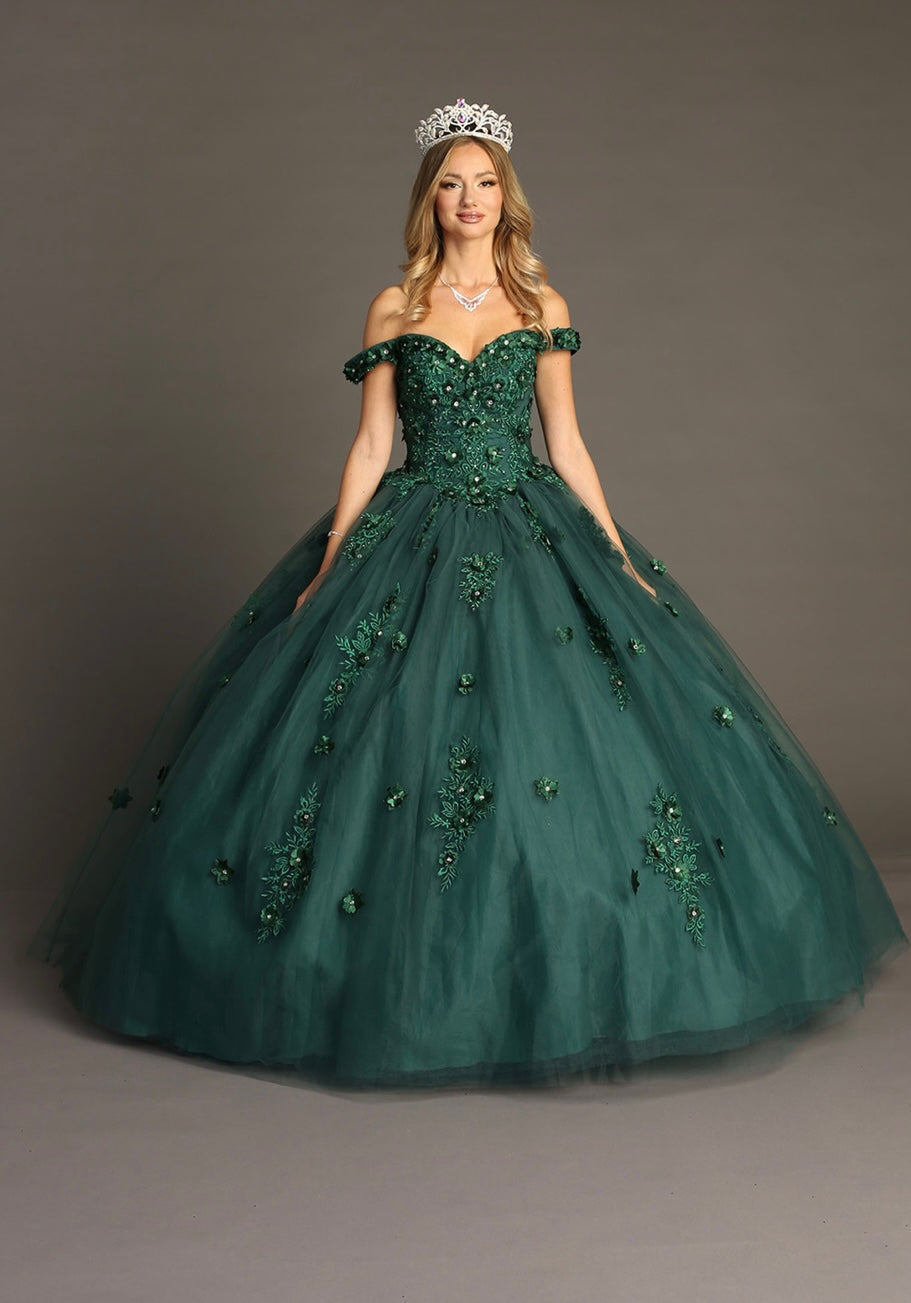 Chicas HF3047 Romantic Printed Green BallDress Sweetheart Floral Tulle Dress