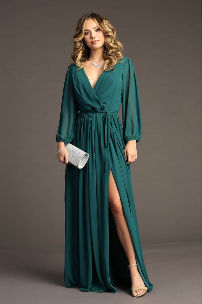 Chicas J012B V-Neck Long Removable-Belt Chic Style Chiffon Dress