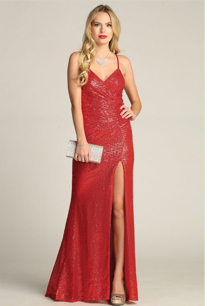 Chicas C2404 Long High-Slit Sequin Strappy Style Fabric Dress