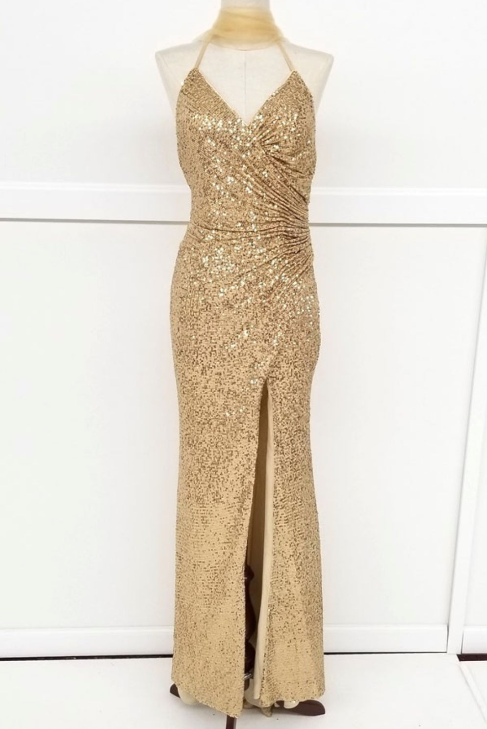 Chicas C2404 Long High-Slit Sequin Strappy Style Fabric Dress
