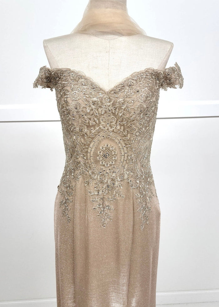 Chicas 4025 Elegant Bridal Champagne Sweetheart Floor-Length Embroidered Lace Dress