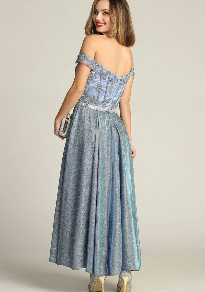 Chicas DM4027 Elegant Evening Blue A-Line Illusion Tea-Length Fabric Dress