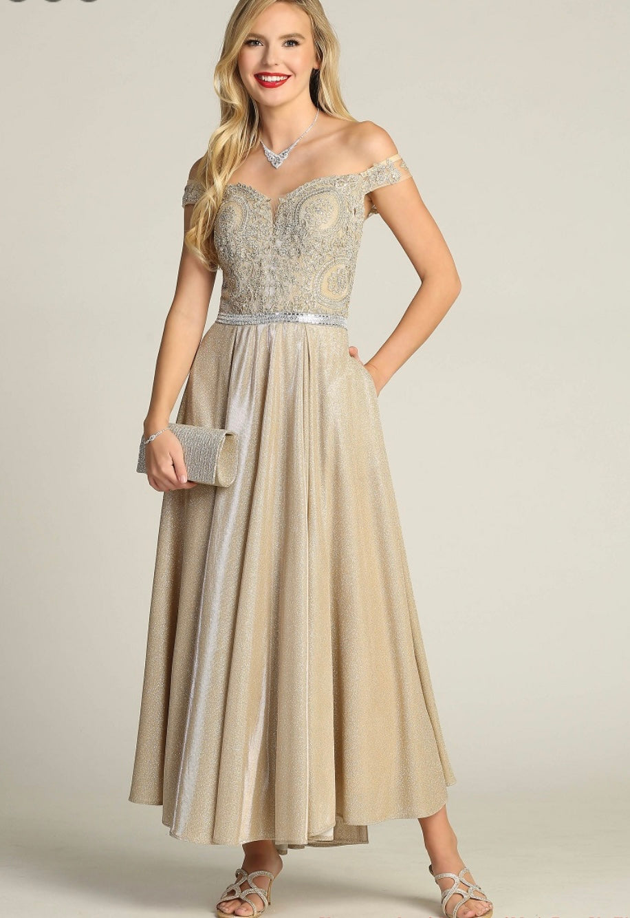 Chicas DM4027 Elegant Evening Blue A-Line Illusion Tea-Length Fabric Dress