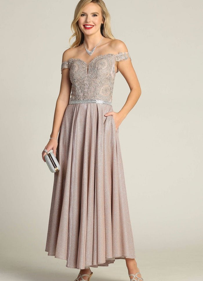 Chicas DM4027 Elegant Evening Blue A-Line Illusion Tea-Length Fabric Dress